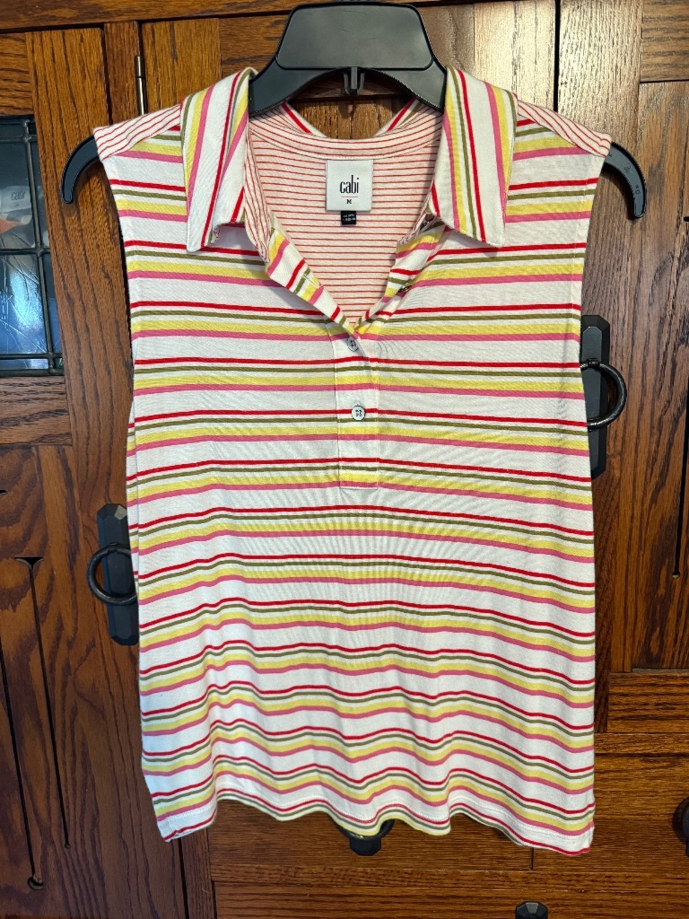 CAbi pink, yellow and green stripped collared, sleeveless summer shirt, Womens M